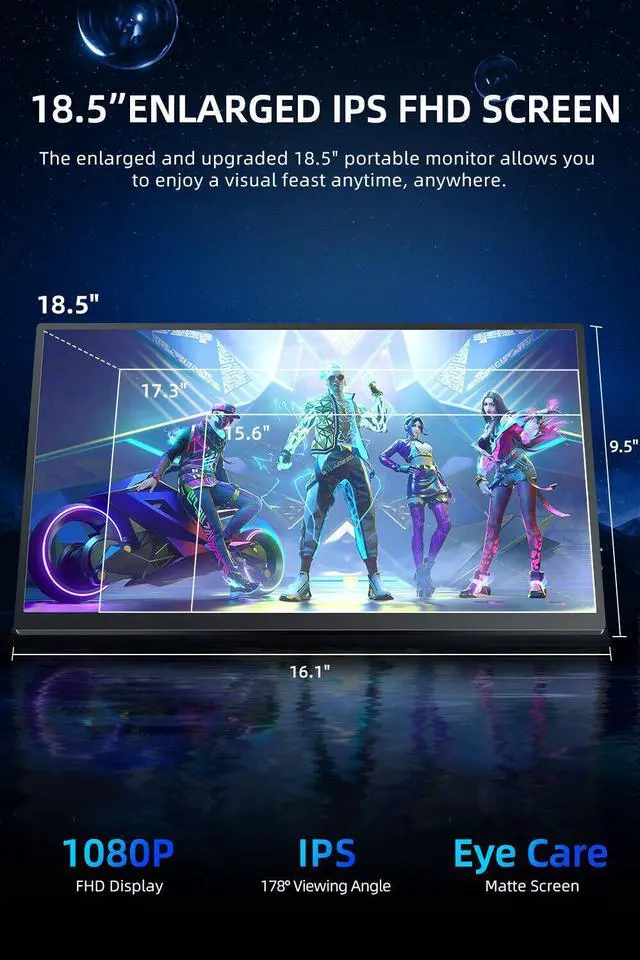 Alt view image 2 of 7 - UPERFECT 18.5" 1080P Portable Monitor VESA & Speakers, Frameless IPS HDR Gaming Monitor