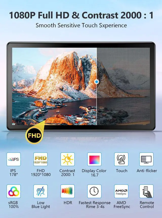 Alt view image 2 of 7 - Touchscreen Portable Monitor 15.6'' HDR 1080P IPS Raspberry Pi VESA HDMI VGA DVI
