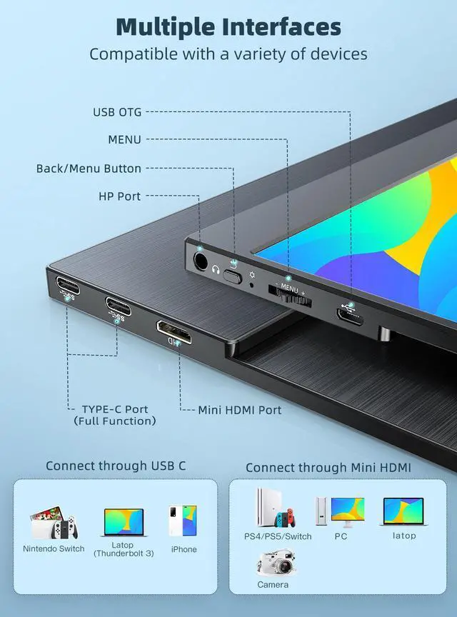 Alt view image 5 of 7 - UPERFECT Portable Monitor 15.6" Gaming Monitors For Type C FHD Screen 1080P Display