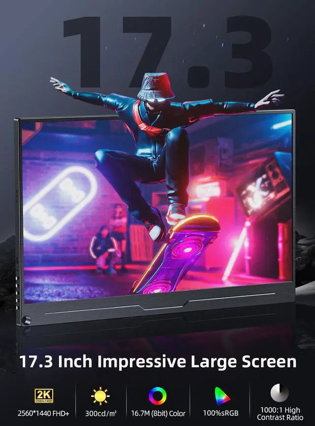 Alt view image 2 of 7 - UPERFECT 17.3" 2K Monitor Built-in Speakers USB C HDMI 100% sRGB Switch Display