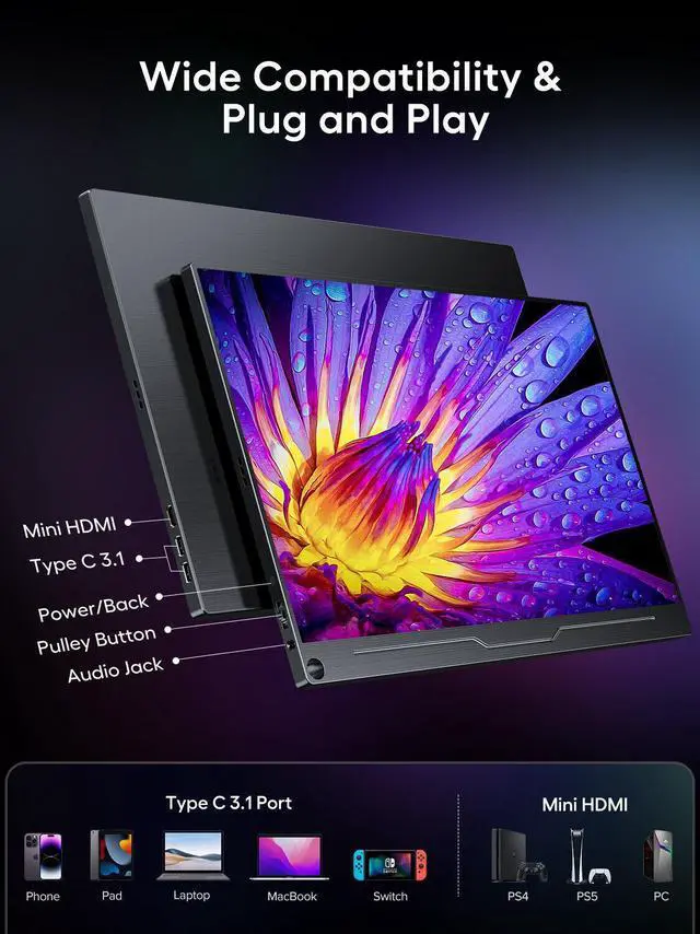 Alt view image 6 of 7 - UPERFECT 18.5" 120Hz Portable Monitor 1080P HDMI Dual USB C Computer Gaming Monitors  Freesync HDR w/VESA