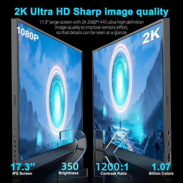 Alt view image 2 of 7 - UPERFECT 17.3" Portable Monitor 2560*1440 144Hz FreeSync Gaming Monitor for PS5 Xbox