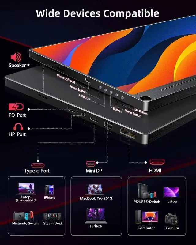 Alt view image 6 of 7 - Uperfect Portable Monitor 4K 15.6 inch, 450 cd/m² High Brightness 100% sRGB Color Gamut IPS HDR FreeSync Laptop Display, USB C HDMI Monitor W/ Speaker VESA