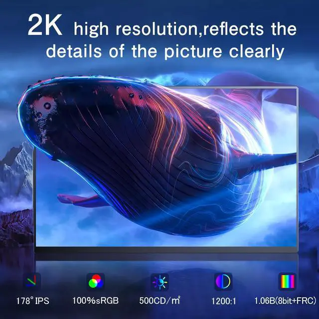 Alt view image 2 of 7 - UPERFECT 500 Nits 16" 2.5K Portable Gaming Monitor 2K 2560*1600P Portable Monitor QHD For Xbox PS 5 6 Switch Display HDMI USB C Second Display