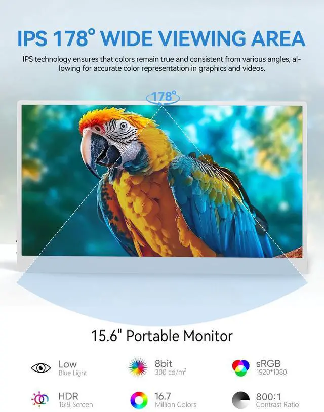 Alt view image 5 of 7 - UPERFECT 15.6" White Portable Monitor FHD 1080P Eye-care Portable Gaming Monitor With VESA Mount IPS 178°