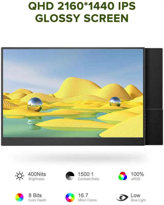 Alt view image 3 of 7 - UPERFECT 14" 2K Portable Monitor 2160*1440 HDMI USB C Display FHD 1500:1 Screen For Laptop PC and Game Xbox PS