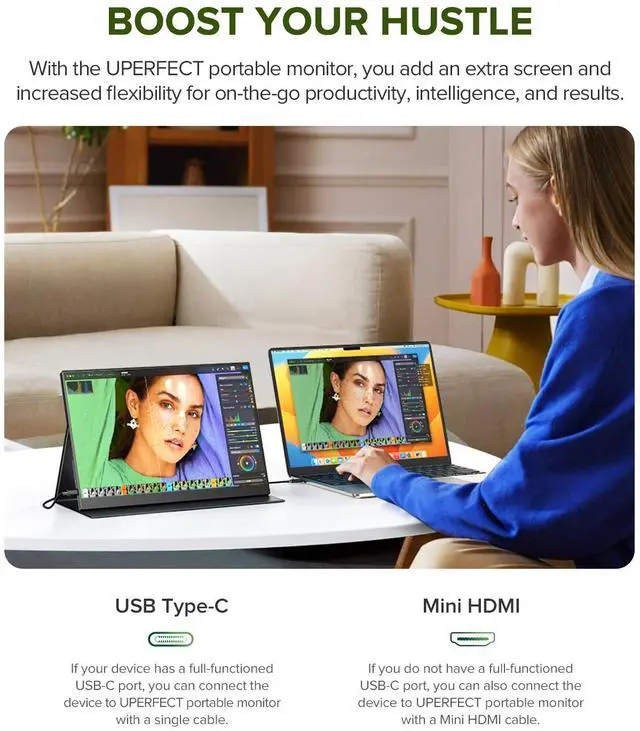 Alt view image 5 of 7 - UPERFECT 14" 2K Portable Monitor 2160*1440 HDMI USB C Display FHD 1500:1 Screen For Laptop PC and Game Xbox PS