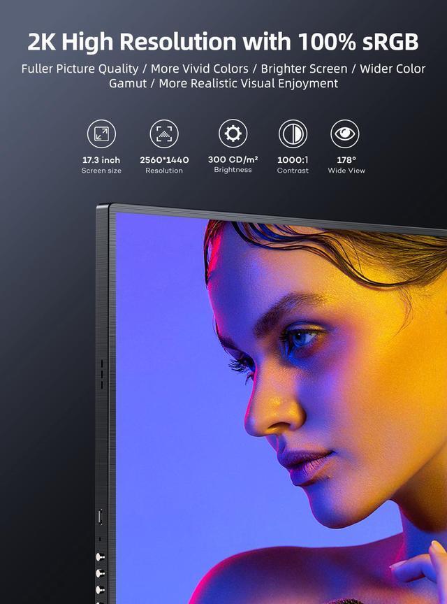 Alt view image 3 of 7 - UPERFECT 17.3" 2K HDR Portable Monitor with Built-in Speakers USB-C HDMI 100% sRGB Aluminum Body & VESA Mountable