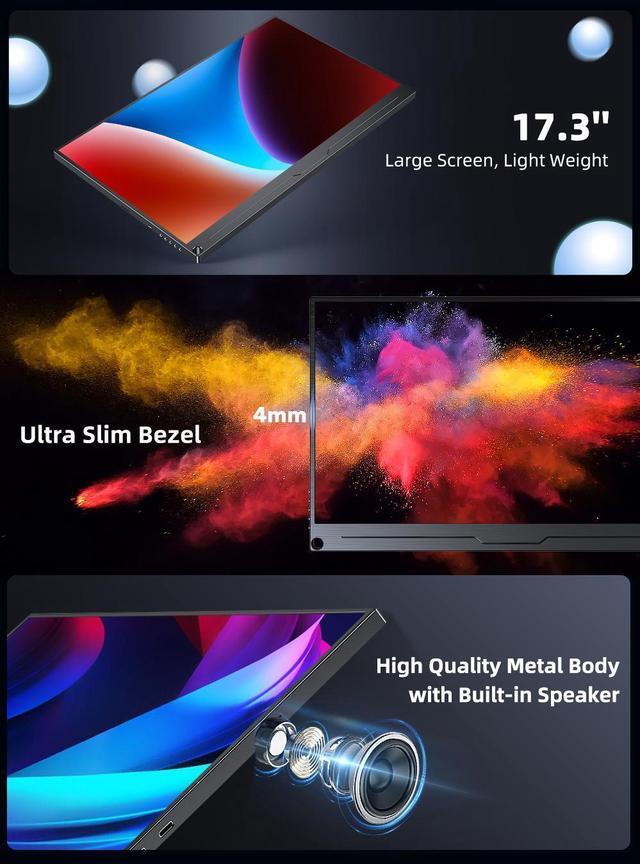 Alt view image 5 of 7 - UPERFECT 17.3" 2K HDR Portable Monitor with Built-in Speakers USB-C HDMI 100% sRGB Aluminum Body & VESA Mountable