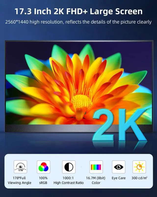 Alt view image 2 of 7 - Portable Monitor 17.3", UPERFECT 2K FHD HDR IPS Portable Laptop Screen with VESA Mini HDMI Type-C Monitor for PC Computer Phone PS4/5 Xbox Raspberry