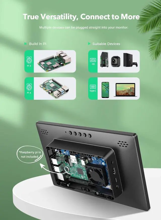 Alt view image 3 of 7 - UPERFECT 10.1" 1920x1200 Portable Touchscreen Monitor for Raspberry Pi 4B/3B+/3B with Case, Fan, Stand, VESA, Speaker, Type-C & HDMI