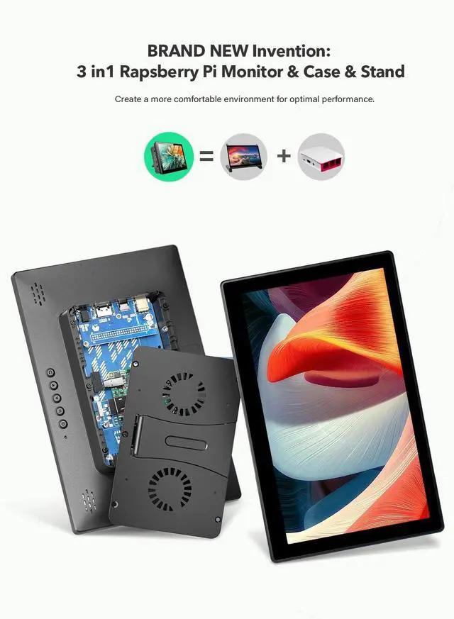 Alt view image 2 of 7 - UPERFECT 10.1" 1920x1200 Portable Touchscreen Monitor for Raspberry Pi 4B/3B+/3B with Case, Fan, Stand, VESA, Speaker, Type-C & HDMI