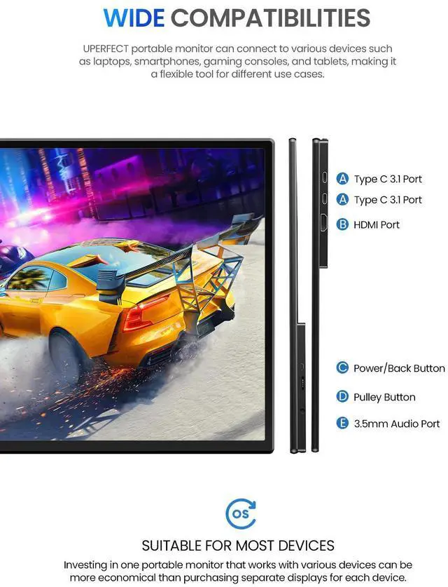 Alt view image 7 of 7 - UPERFECT 21.5 Inch 120HZ Portable Monitor w/Kickstand & VESA, Large Portable Gaming Monitor with HDMI Type C, External Dispaly for Laptops, Steamdeck, MacBook, Phones, Mini PC