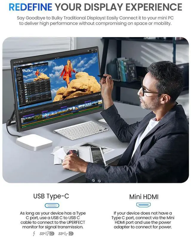 Alt view image 4 of 7 - UPERFECT 21.5 Inch 120HZ Portable Monitor w/Kickstand & VESA, Large Portable Gaming Monitor with HDMI Type C, External Dispaly for Laptops, Steamdeck, MacBook, Phones, Mini PC