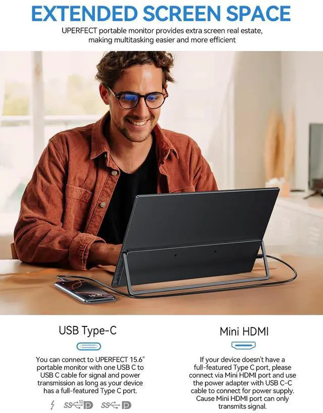 Alt view image 4 of 7 - UPERFECT 15.6-Inch Portable Monitor with HDMI, USB-C, USB-A, Full HD 1920x1080, IPS Panel, and Adjustable Stand for Laptops & Smartphones