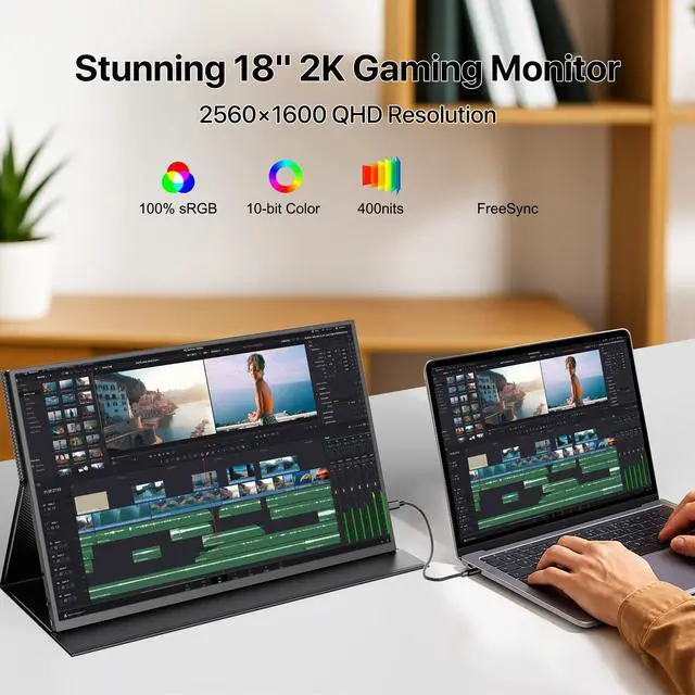 Alt view image 3 of 7 - UPERFECT 18" Portable Gaming Monitor 144Hz 2560*1600 2K Freesync Screen Switch Display