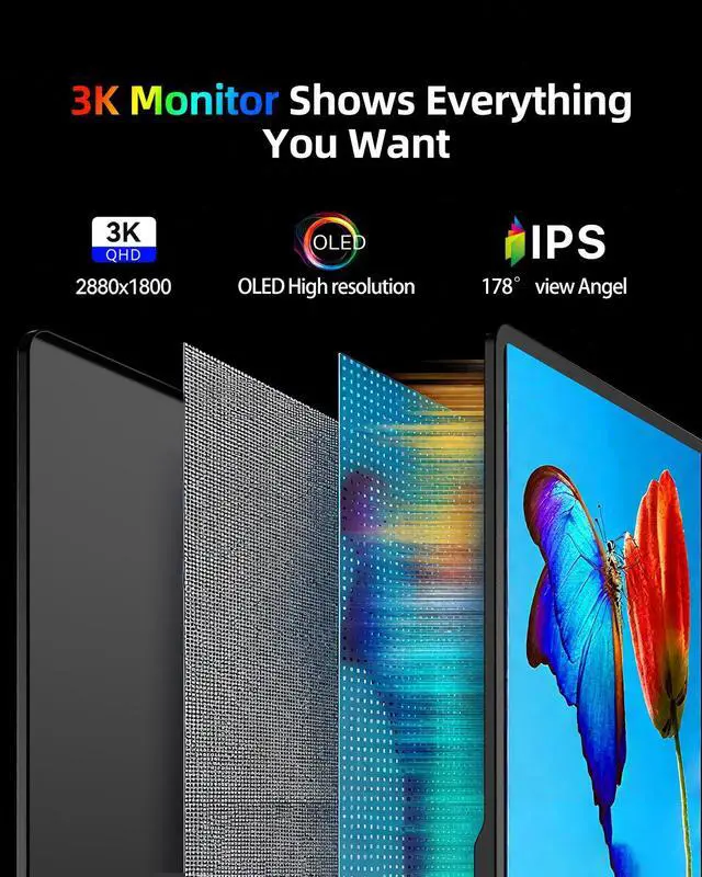 Alt view image 3 of 7 - UPERFECT 16" OLED Portable Monitor - 3K 2880x1800, 120Hz, 0.1ms, 500 Nits, 100% DCI-P3, 100000:1 Contrast, Ultra-Slim Design for Laptops, Mini PCs, Phones, Game Consoles
