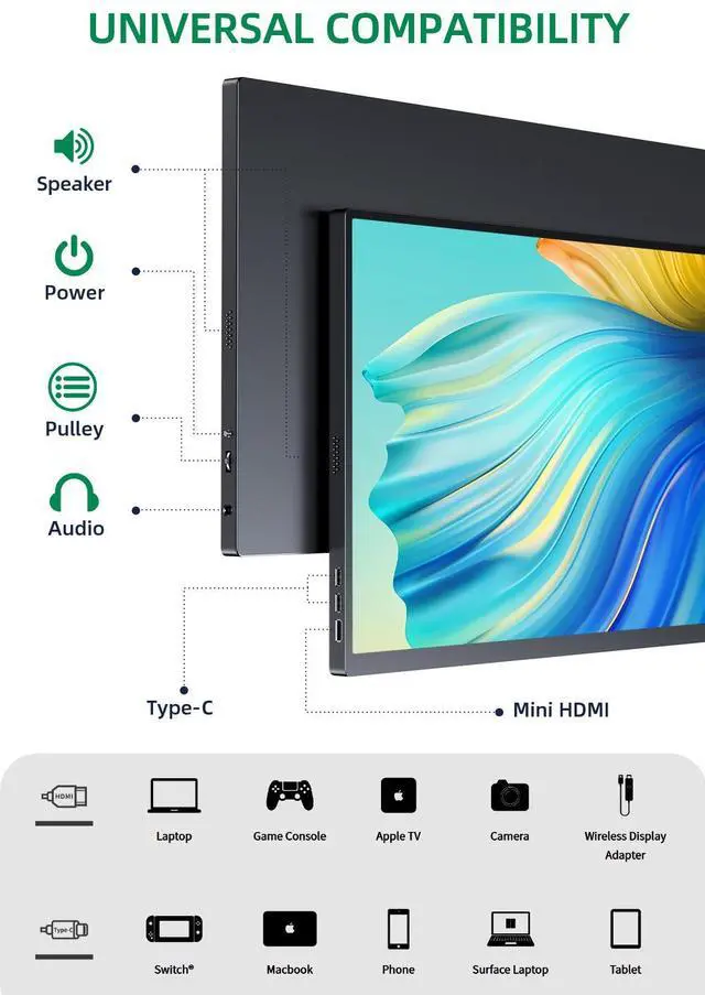 Alt view image 6 of 7 - UPERFECT 18.5" 1080P Portable Monitor 120Hz Portable Gaming Monitor Switch Display w/VESA and Smart Cover For Xbox One