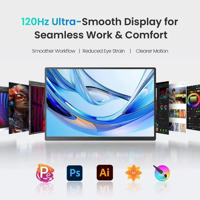 Alt view image 2 of 7 - UPERFECT 24" 120HZ Portable Monitor w/ 180°Adjustable Kickstand & VESA, Large Portable Gaming Monitor with HDMI Type C, External Portable Monitor for Laptops, Steamdeck, MacBook, Phones, Mini PC