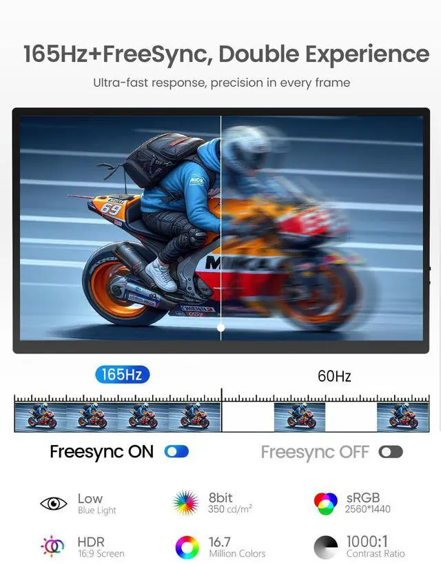 Alt view image 3 of 7 - UPERFECT 24.5" 2K 165Hz Portable Monitor, QHD FreeSync IPS HDR with VESA, 180°Adjustable Stand, USB-C & HDMI, Ideal for Gaming, Travel, Laptop, Switch, Phone