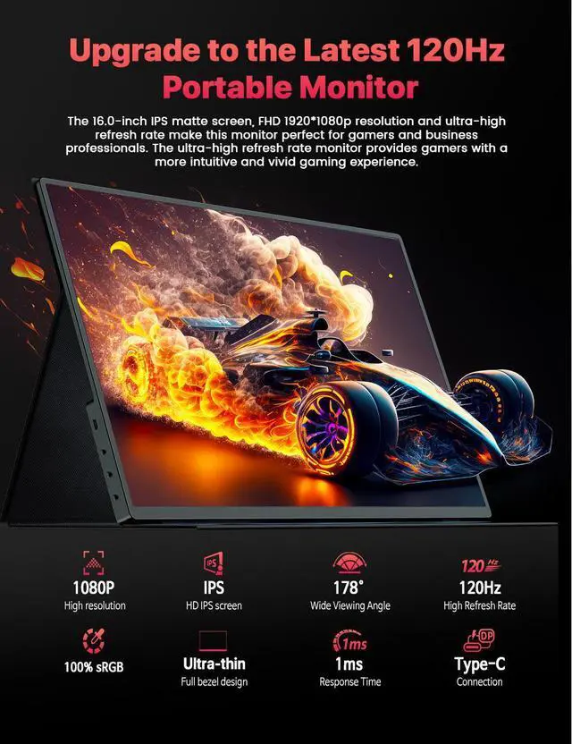 Alt view image 2 of 7 - UPERFECT 16" 120Hz Portable Gaming Monitor with HDR, 400 Nits, 1080P IPS, Ultra-Slim Aluminum Design, VESA & Smart Cover - Ultimate Travel Companion