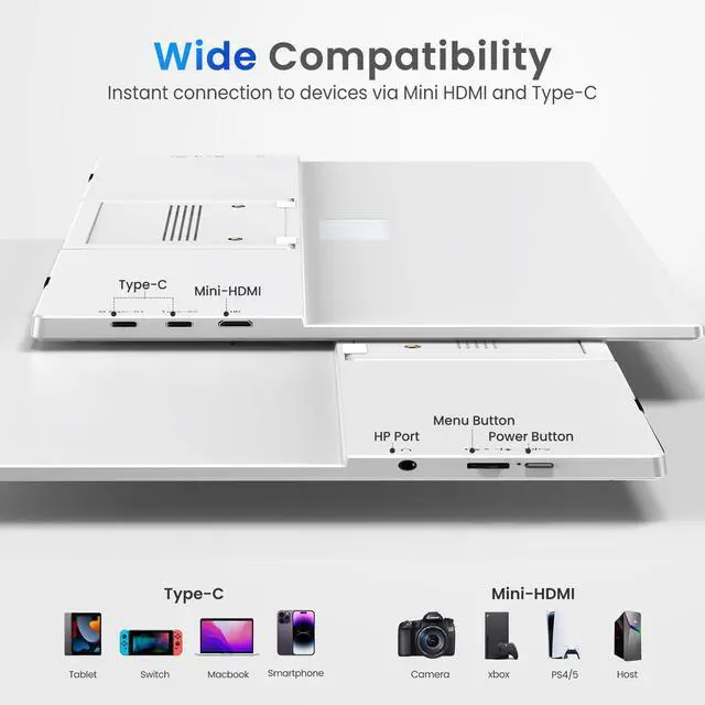Alt view image 4 of 7 - UPERFECT 15.6" FHD 1080P IPS Eye-Care White Portable Monitor with 180° Adjustable Stand, Built-in Dual Speakers, Travel Monitor for Laptop, PC, Phone, PS5/4, Xbox, Switch