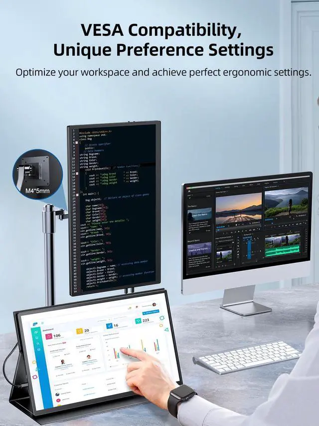 Alt view image 4 of 7 - UPERFECT 18.5" 1080P Touchscreen Portable Monitor - 120Hz 1ms, FreeSync HDR, 400Nits IPS - 100% sRGB, VESA & Smart Case - Second Screen for Laptop/Switch/PS5/Xbox