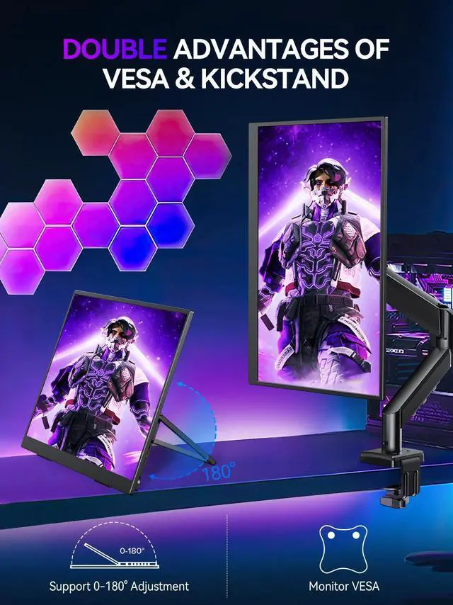 Alt view image 4 of 7 - UPERFECT 18-inch Portable Monitor 2K 144Hz HDR | 100% DCI-P3 500Nits IPS | VESA Stand 180° Adjustable | Frameless FreeSync Gaming Display for Laptop/PC/Console - Ultra-Slim Travel Second Monitor