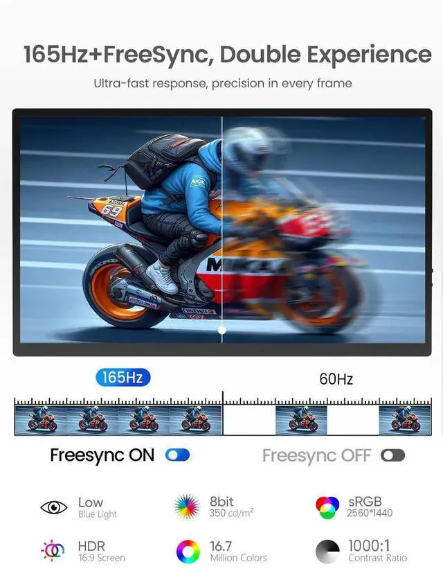 Alt view image 3 of 7 - UPERFECT 24.5" 2K 165Hz Touchscreen Portable Monitor, QHD FreeSync IPS HDR, 180° Adjustable Stand, USB - C & HDMI, for Gaming/Travel/Laptop/Switch/Phone