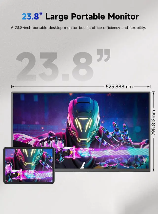 Alt view image 2 of 7 - UPERFECT 23.8 4K Portable Monitor - UHD 3840*2160, 100%sRGB IPS, Speakers, USB-C/HDMI, 180° Adjustable Stand for Laptops, Consoles & More