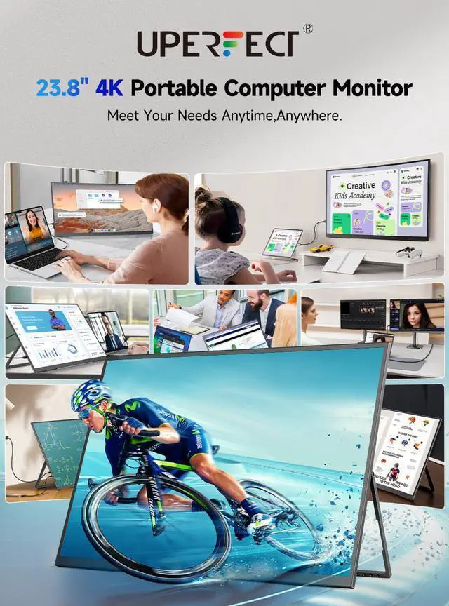 Alt view image 5 of 7 - UPERFECT 23.8 4K Portable Monitor - UHD 3840*2160, 100%sRGB IPS, Speakers, USB-C/HDMI, 180° Adjustable Stand for Laptops, Consoles & More