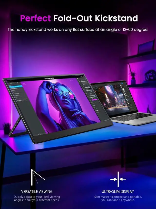 Alt view image 2 of 7 - UPERFECT 17.3" 4K UHD Portable Monitor with 100% AdobeRGB, 500 Nits, FreeSync, HDR, Dual Type-C, HDMI, Eye Care, VESA, Smart Cover - For Laptops, PCs, Phones