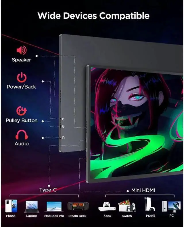 Alt view image 7 of 7 - UPERFECT 16" Portable Monitor 2K 144HZ HDR FreeSync Portable Gaming Monitor w/VESA & Smart Case Matte IPS Eye Care External Second Screen For Laptop, PS5, Xbox, Switch