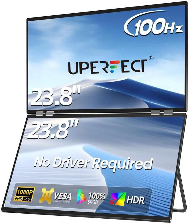 Main image of UPERFECT Delta 23.8" Portable Dual Monitor 100Hz Plug & Play - Driver-Free Stacked Triple Screen with Stand & VESA, 1080P HDR IPS for Laptop/PC/Phone/PS5/Switch (360° Rotation, Foldable)