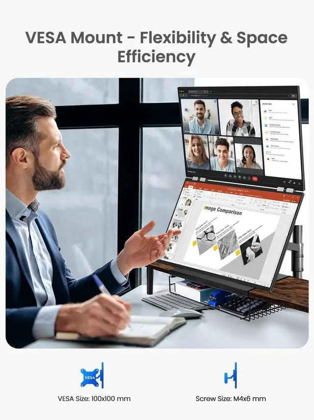 Alt view image 6 of 7 - UPERFECT Delta 23.8" Portable Dual Monitor 100Hz Plug & Play - Driver-Free Stacked Triple Screen with Stand & VESA, 1080P HDR IPS for Laptop/PC/Phone/PS5/Switch (360° Rotation, Foldable)