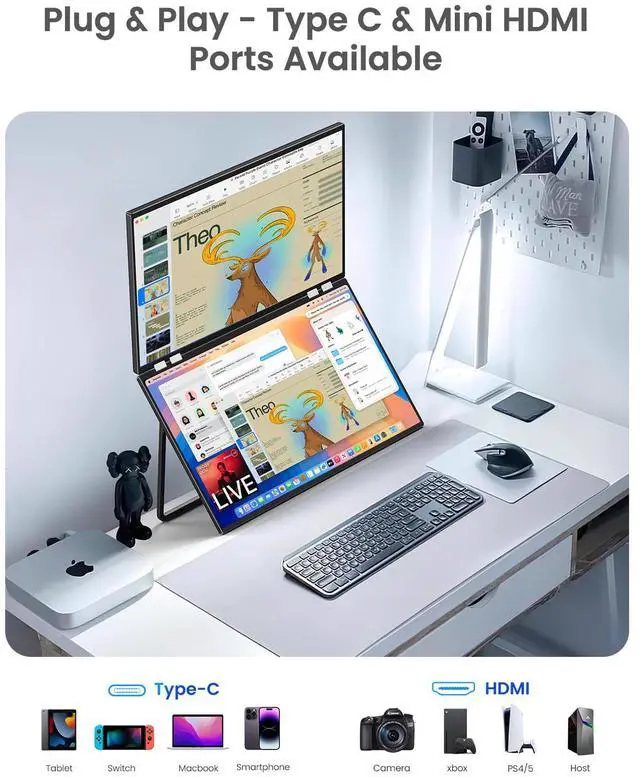 Alt view image 4 of 7 - UPERFECT Delta 23.8" Portable Dual Monitor 100Hz Plug & Play - Driver-Free Stacked Triple Screen with Stand & VESA, 1080P HDR IPS for Laptop/PC/Phone/PS5/Switch (360° Rotation, Foldable)