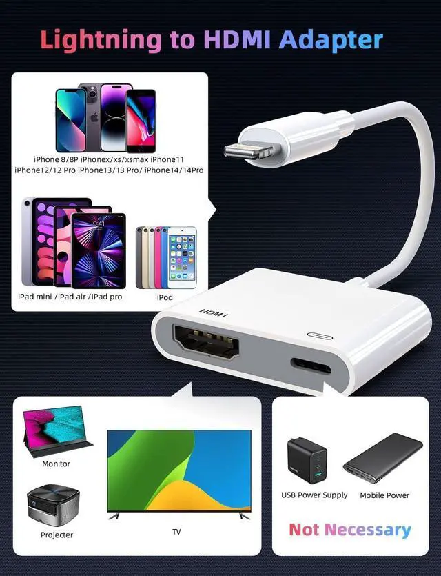 Alt view image 3 of 7 - UPERFECT Lightning to HDMI Adapter [Driver-Free] for iPhone 15/14/13/12/11/X/8/7, iPad, iPod - 1080P Plug & Play Sync Screen to TV/Monitor/Projector - Aluminum Portable Digital AV Converter