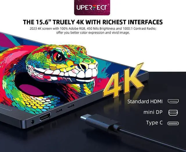 Alt view image 3 of 7 - UPERFECT 15.6" 4K UHD FreeSync Monitor with 100% AdobeRGB, 450 Nits Brightness, Dual Type-C, HDMI, VESA Mount & Smart Case