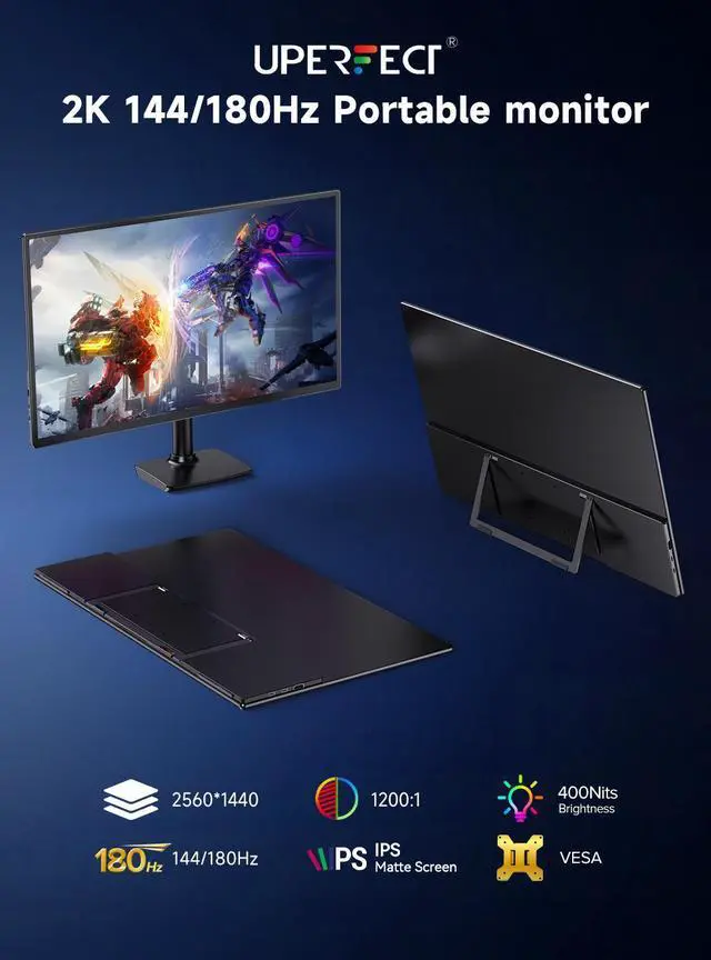 Alt view image 2 of 7 - UPERFECT 23.8" Portable Gaming Monitor 2K QHD 180Hz Fast IPS, 100% sRGB, with Adjustable Stand, Type-C & HDMI, Eye Care, External Screen for Laptop, PS5, Xbox