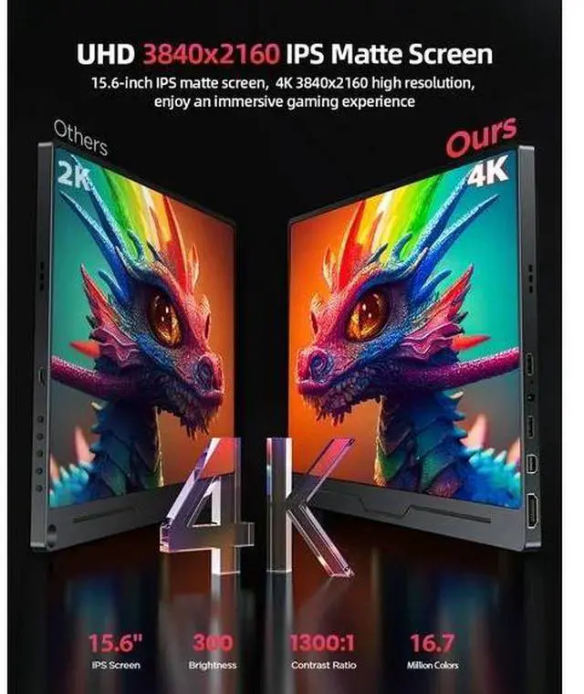 Alt view image 2 of 7 - UPERFECT 15.6" 4K UHD FreeSync Monitor with 100% AdobeRGB, 450 Nits Brightness, Dual Type-C, HDMI, VESA Mount & Smart Case
