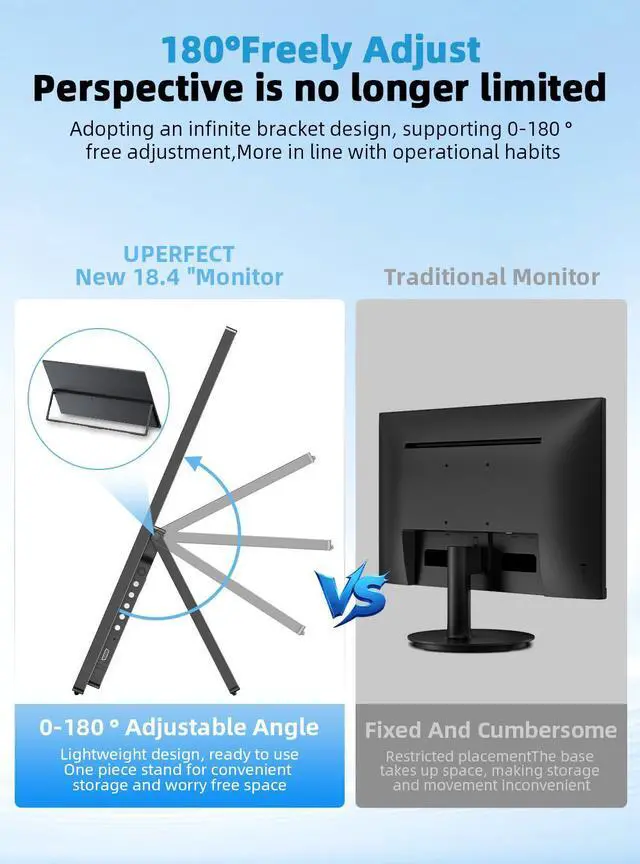 Alt view image 7 of 7 - UPERFECT Portable Monitor 18.4" 4K 60Hz 10-Bit HDR IPS Gaming Monitor with VESA, 180° Adjustable Stand, Ultra-Slim & Lightweight Frameless Design, FreeSync, Portable Travel Second Monitor for Laptops