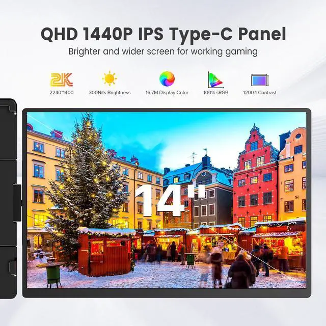 Alt view image 3 of 7 - UPERFECT 2K 14" 360° Swivel Hinge Laptop Screen Extender, QHD IPS Portable Dual Monitor for 13.3"-17.3" Laptops - Plug & Play with Mac, Win, Android