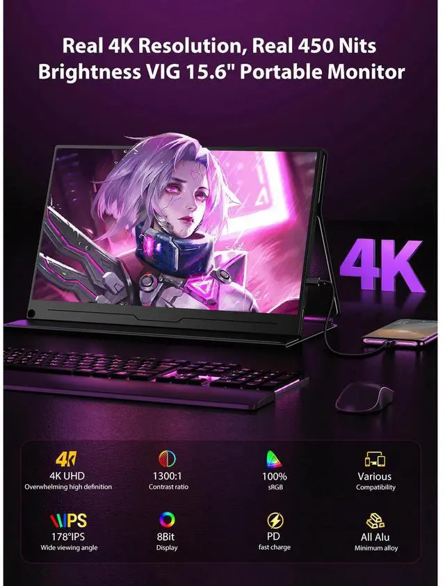 Alt view image 2 of 7 - UPERFECT 15.6" 4K Ultra HD Portable Monitor - 600nits, 100% sRGB, IPS Panel, USB-C, Game & Multi-Device Compatible