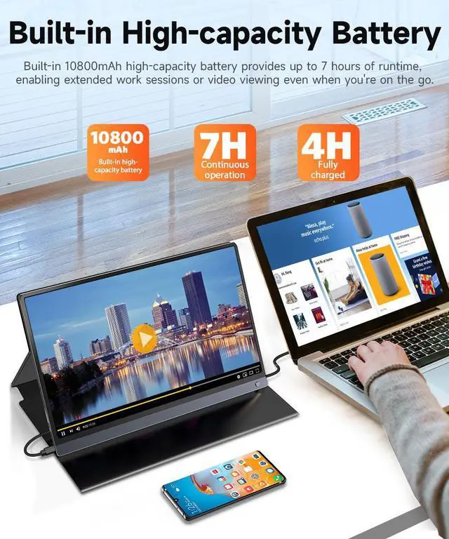 Alt view image 2 of 7 - UPERFECT 15.6" Portable Monitor 120Hz Touchscreen | 1080P IPS HDR | 10800mAh Battery, Reverse Charging | Quad Speakers, Smart Case | Single Cable Connectivity for Work & Gaming