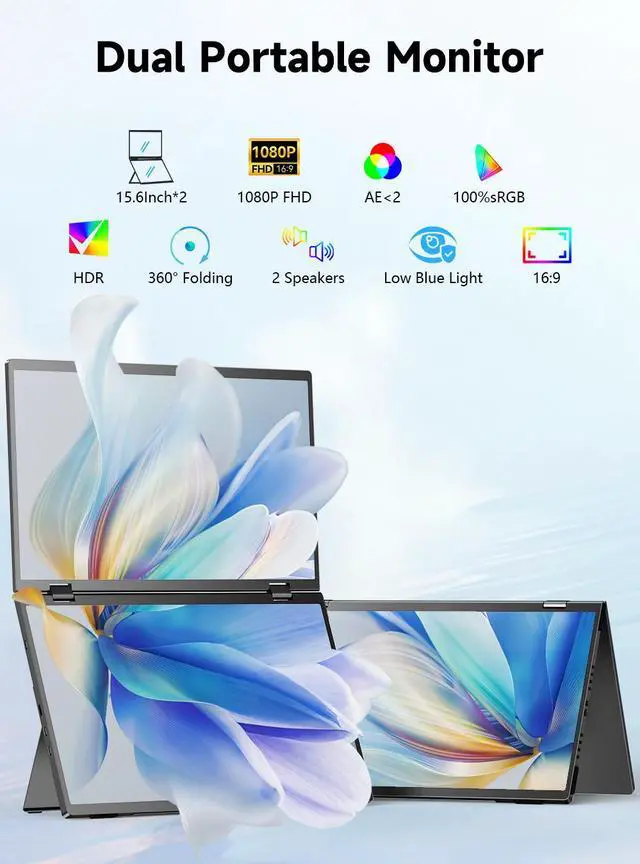 Alt view image 2 of 7 - UPERFECT Delta 15.6" Dual Monitor 1080P HDR, 360° Foldable Portable Laptop Screen Extender with Stand for Laptop, PC, Phone, and Game Console (No Driver Needed)