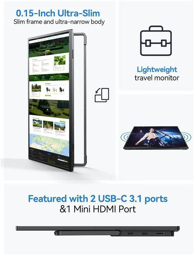 Alt view image 3 of 7 - UPERFECT 15.6" Portable Monitor 1080P FHD, 125% sRGB, 350Nits, USB-C HDMI, w/Stand - Universal Laptop/Phone/Gaming Monitor