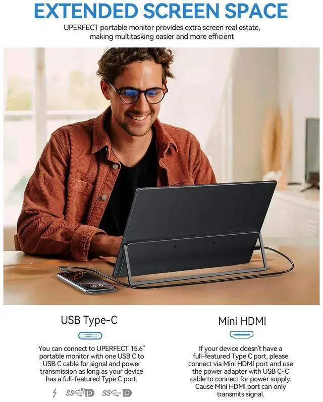 Alt view image 2 of 7 - UPERFECT 15.6" Portable Monitor 1080P FHD, 125% sRGB, 350Nits, USB-C HDMI, w/Stand - Universal Laptop/Phone/Gaming Monitor