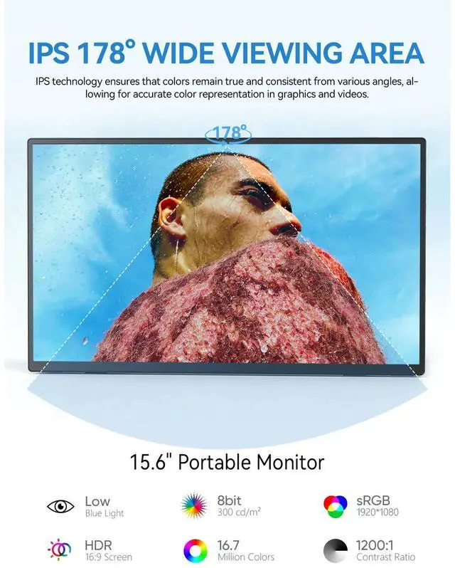 Alt view image 5 of 7 - UPERFECT 15.6" Portable Monitor 1080P FHD, 125% sRGB, 350Nits, USB-C HDMI, w/Stand - Universal Laptop/Phone/Gaming Monitor