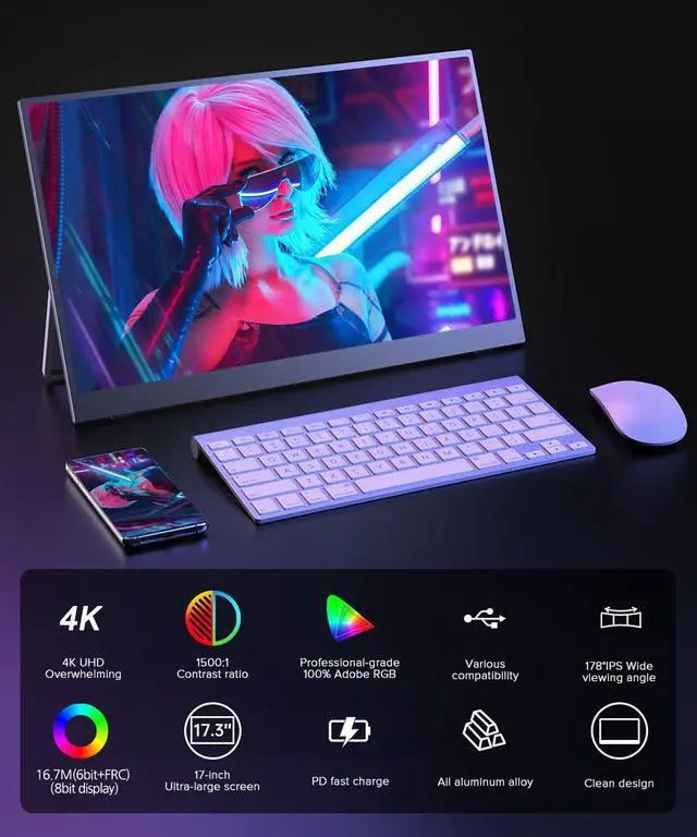 Alt view image 2 of 7 - UPERFECT 17.3" 4K UHD Portable Monitor with 100% AdobeRGB, 500 Nits, FreeSync, HDR, Dual Type-C, HDMI, Eye Care, VESA, Smart Cover - For Laptops, PCs, Phones
