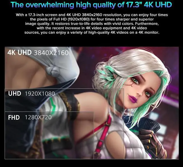 Alt view image 3 of 7 - UPERFECT 17.3" 4K UHD Portable Monitor with 100% AdobeRGB, 500 Nits, FreeSync, HDR, Dual Type-C, HDMI, Eye Care, VESA, Smart Cover - For Laptops, PCs, Phones